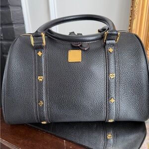 MCM Black Pebbled Leather Satchel with Gold Details Boston style